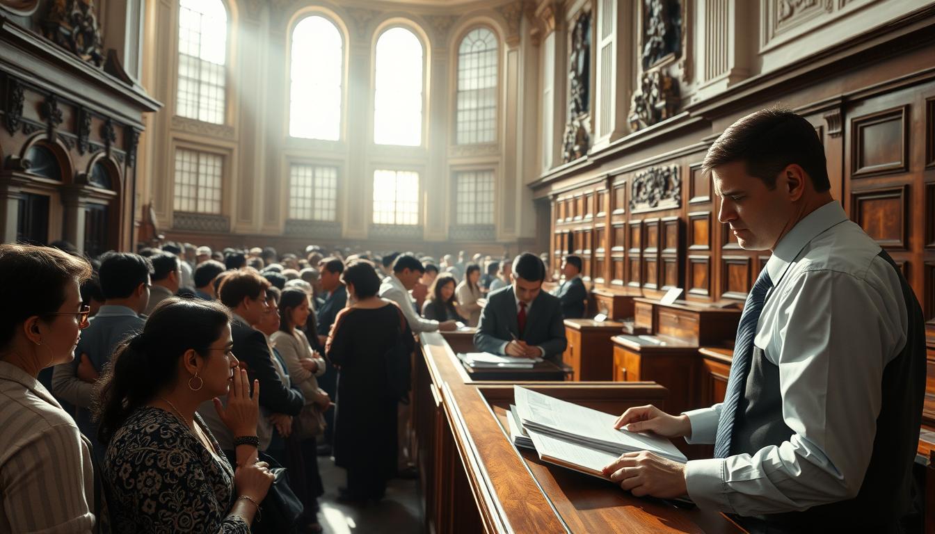A crowded government office with ornate architecture, sunlight streaming through tall windows. In the foreground, a queue of people waiting patiently to submit documents at the front desk. The clerk, dressed in formal attire, carefully reviews each file with a serious expression. Wooden desks and cabinets line the walls, creating a sense of bureaucratic efficiency. The mood is one of quiet anticipation, as citizens navigate the new document submission procedures. Soft shadows and muted colors evoke a sense of routine and familiarity with the process.