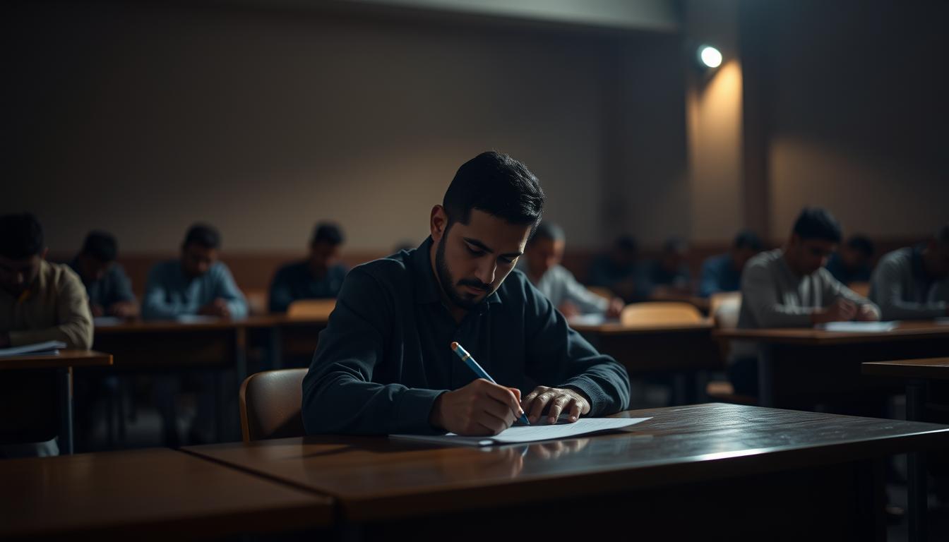 A dimly lit examination hall, desks arranged in neat rows, a solitary figure seated and deeply focused, pen in hand, completing the final test for their driving license. The room has a tense, concentrated atmosphere, the air heavy with anticipation. Soft, warm lighting casts a gentle glow, illuminating the determination on the test-taker's face. The background is blurred, drawing the viewer's attention to the central figure, the culmination of their journey towards earning the privilege to drive. This image captures the pivotal moment of the final exam, a critical step in the comprehensive guide to obtaining a driving license in Morocco.