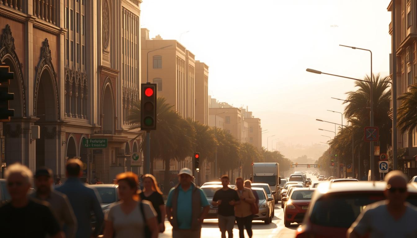 A bustling Moroccan city street, warm sunlight filtering through the hazy atmosphere. In the foreground, pedestrians navigate the busy sidewalks, their bodies blurred in motion. Imposing, modern buildings line the street, their facades adorned with intricate architectural details. Traffic signals and road signs stand as silent witnesses to the flow of vehicles, while the background fades into a distant horizon, hinting at the larger urban landscape. The scene conveys a sense of energy and vibrancy, reflecting the dynamic changes to Morocco's traffic laws and regulations.