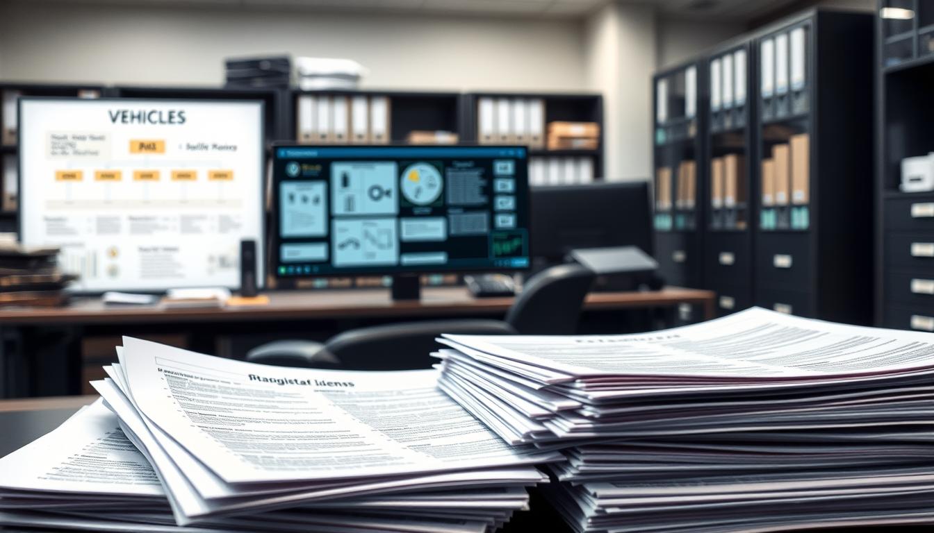 A detailed administrative office setting depicting the rules and regulations governing vehicles. In the foreground, a stack of official documents and forms related to vehicle registration, licensing, and compliance. The middle ground features a modern computer workstation with organizational charts and diagrams on the monitor, conveying the administrative procedures. In the background, shelves of organized files and cabinets suggest the meticulous record-keeping associated with vehicle management. The lighting is bright and professional, with a neutral color palette reflecting the formal, rule-oriented nature of the scene. The overall atmosphere is one of systematic order and administrative diligence surrounding the topic of vehicle-related policies.