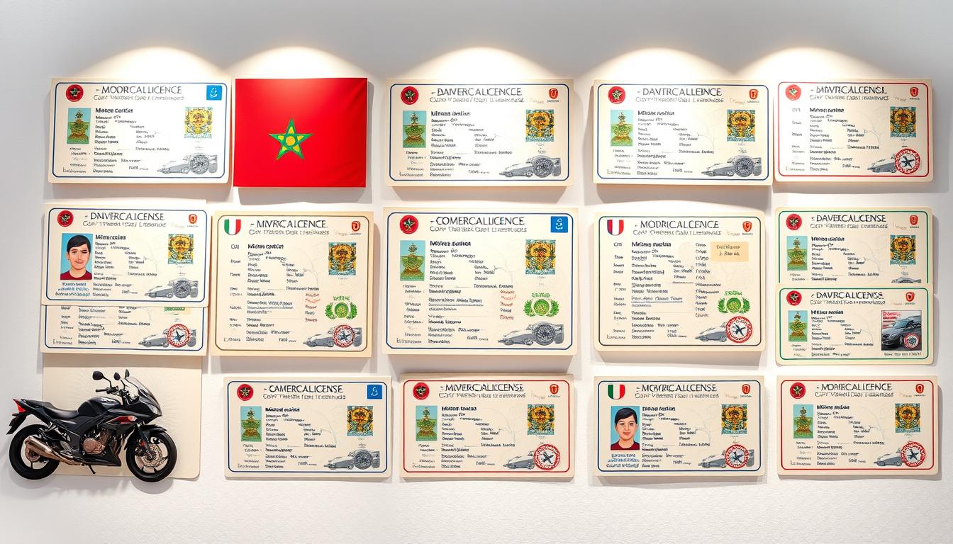 Photorealistic illustration of various driver's license categories in Morocco. A detailed display of license types, including motorcycles, cars, and commercial vehicles, showcased in a clean, organized manner. Soft lighting illuminates the licenses, highlighting the intricate designs and official seals. The arrangement aims to convey the comprehensive information required for Moroccan driver's licensing. The overall tone is formal and informative, suitable for an educational article on the subject.