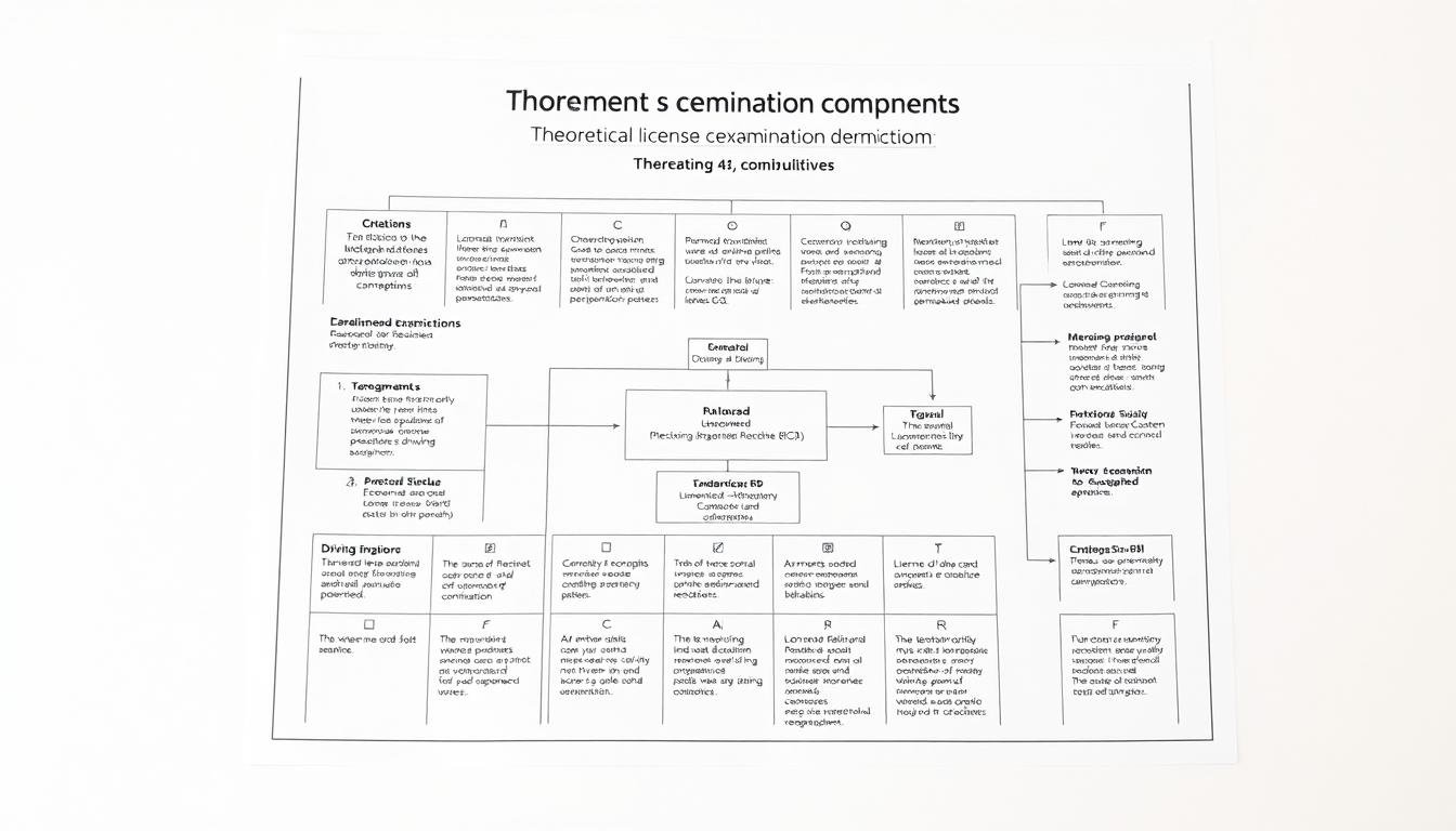 A detailed theoretical diagram illustrating the structure and components of the driving license examination in Morocco. On a clean, minimalist background, the image showcases a precise, technical schematic of the theoretical curriculum, with various sections and subsections labeled in an organized, easy-to-follow manner. The diagram is rendered in a neutral, professional color palette, utilizing clean lines, geometric shapes, and intuitive iconography to convey the information clearly and concisely. Optimal lighting and camera angle provide a crisp, high-quality visual that effectively supports the article's section on the theoretical training for the Moroccan driving license exam.
