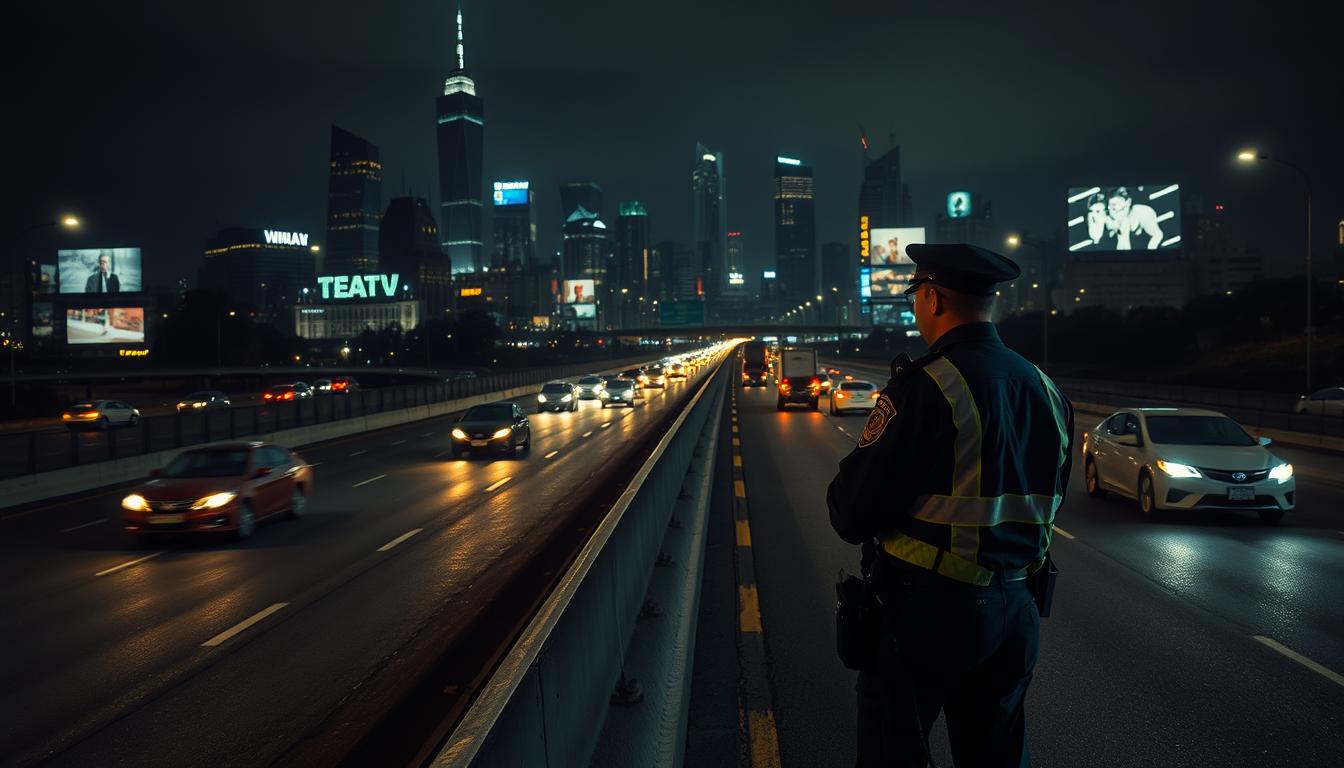 A busy urban highway at night, cars and trucks speeding through the lanes, their headlights casting long shadows on the tarmac. In the foreground, a radar speed trap set up by a lone traffic officer, his uniform and equipment illuminated by the flashing lights of his patrol car. The background is filled with a looming cityscape, skyscrapers and billboards casting an eerie, neon-lit glow over the scene. The overall mood is one of tension and urgency, emphasizing the dangers of excessive speed on the roads.