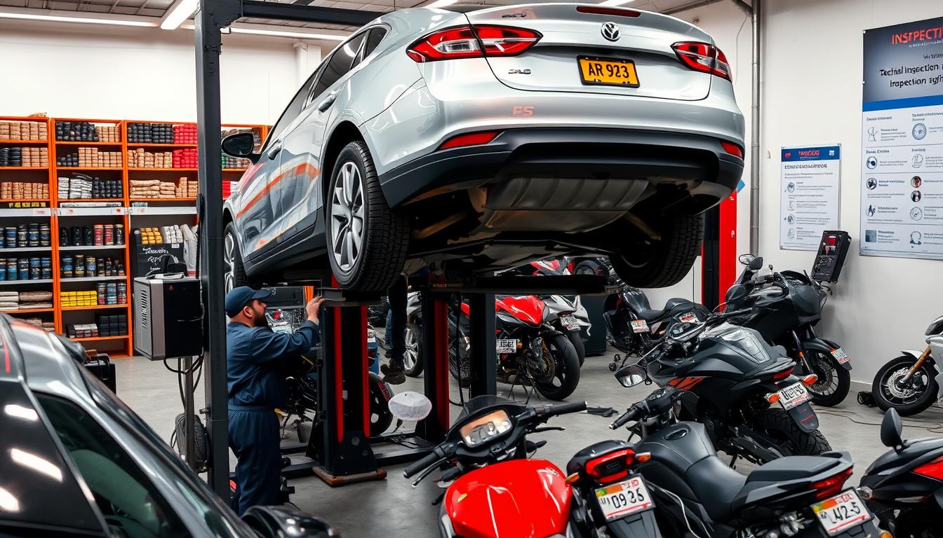 A well-lit, high-resolution image of the technical inspection requirements for vehicles in Morocco. The scene depicts a modern auto repair shop with a variety of cars and motorcycles undergoing inspections. In the foreground, a mechanic is closely examining the undercarriage of a car on a hydraulic lift, surrounded by diagnostic equipment and tools. In the middle ground, other mechanics are testing brakes, emissions, and electrical systems on different vehicles. The background shows shelves of spare parts, posters detailing the technical inspection process, and a wall-mounted display with the inspection criteria. The overall atmosphere conveys a sense of precision, professionalism, and attention to detail required for the technical monitoring of vehicles in the country.