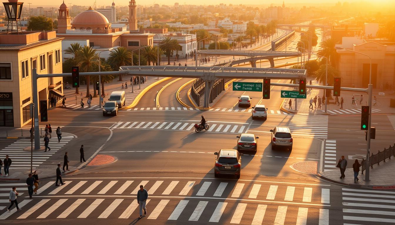 A scene depicting the recent updates to Morocco's traffic code, showcasing a modern urban intersection with newly installed traffic lights, road signs, and crosswalks. The scene is bathed in warm, golden afternoon light, creating a sense of clarity and order. In the foreground, pedestrians navigate the crosswalks, while vehicles move smoothly through the intersection, obeying the updated regulations. The middle ground features the intricate network of roads and infrastructure, with attention to detail in the painted lane markings and signage. The background captures the vibrant, bustling atmosphere of a Moroccan city, with a blend of traditional and contemporary architecture. The overall composition conveys a sense of progress, safety, and the evolving nature of Morocco's road system.
