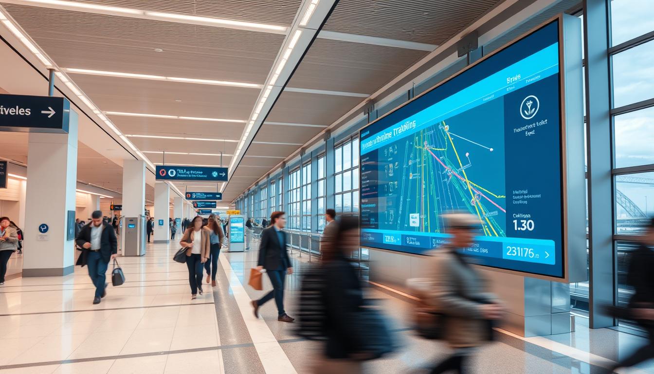 A modern transportation hub with digital signage, interactive kiosks, and intuitive wayfinding. Sleek, minimalist architecture with abundant natural light and clean lines. In the foreground, a group of passengers navigating the space, their movements captured in a blur of motion. The middle ground features a large digital display showcasing real-time traffic and route information. In the background, a panoramic view of the cityscape, hinting at the integration of advanced transportation technologies. The scene conveys a sense of efficiency, connectivity, and the seamless integration of technology in the modern horizontal signage landscape.