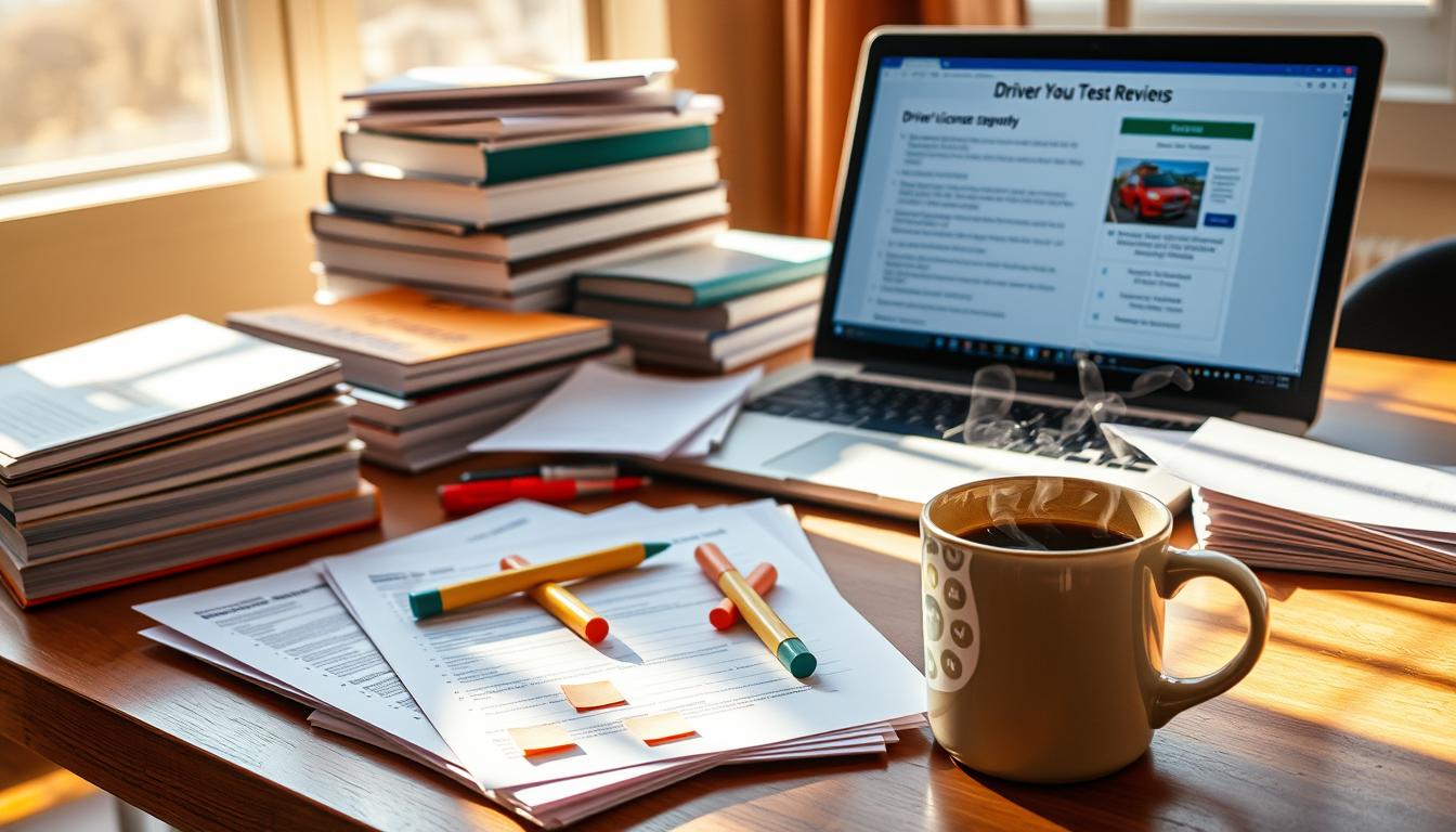 A sun-dappled study desk with stacks of textbooks, study guides, and a laptop displaying test preparation materials. In the foreground, a neatly arranged set of driver's license exam review sheets, highlighters, and sticky notes. A coffee mug steams gently nearby, creating a cozy, focused atmosphere. The room is bathed in warm, natural lighting, conveying a sense of diligence and determination as the driver's license candidate prepares for the upcoming test.
