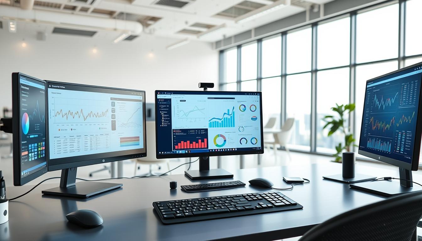 A modern data analysis workstation with a sleek, minimalist design. The foreground features an array of high-resolution monitors displaying vibrant visualizations and interactive dashboards. The middle ground showcases various input devices such as a stylus, mouse, and a high-end keyboard, while the background depicts a clean, well-lit office environment with large windows, allowing natural light to flood the space. The overall scene conveys a sense of efficiency, productivity, and a focus on data-driven insights, complementing the section title "أدوات تحليل البيانات لتقييم التشوير الأفقي".