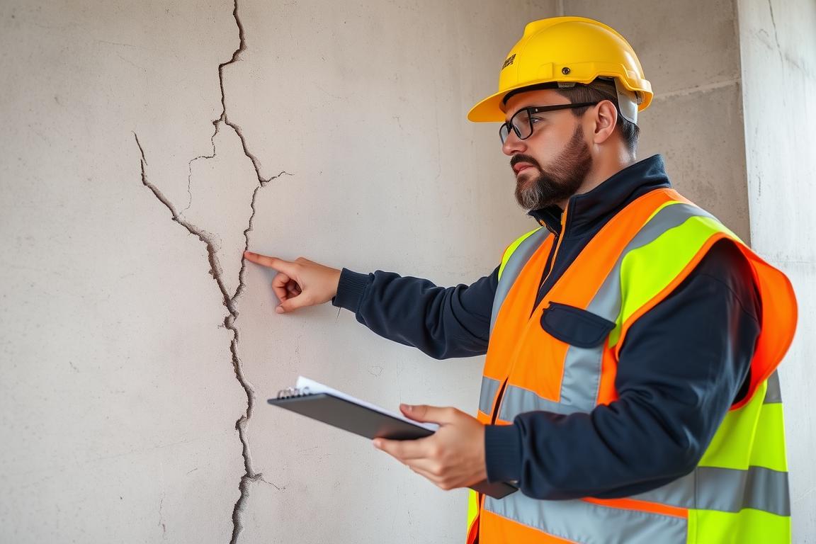 Structural engineer examining damage to a party wall, representing valid concerns about structural integrity that might lead to refusal