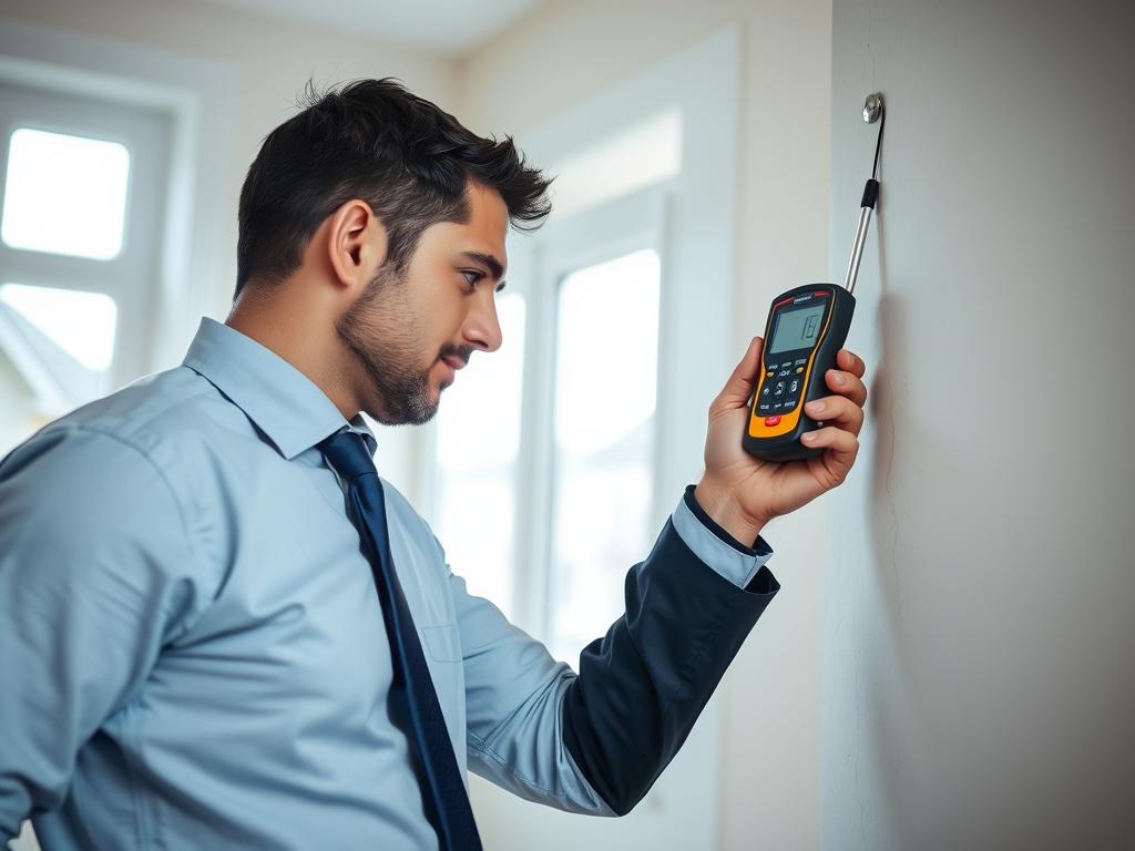 Surveyor checking for damp issues in a house interior during a property survey