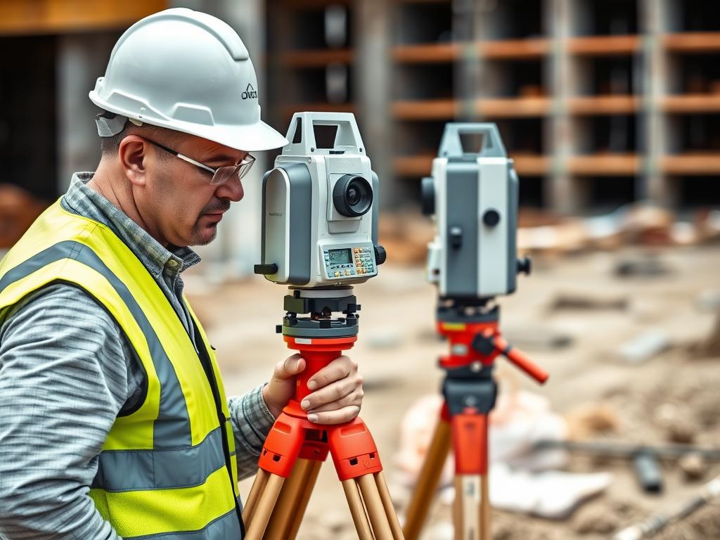 Construction surveyor setting up equipment on a construction site