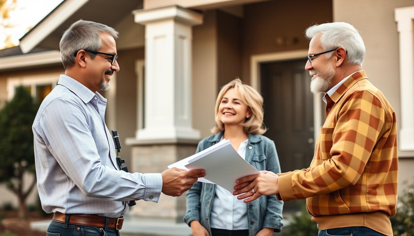 Property surveyor handing completed survey documents to property owners
