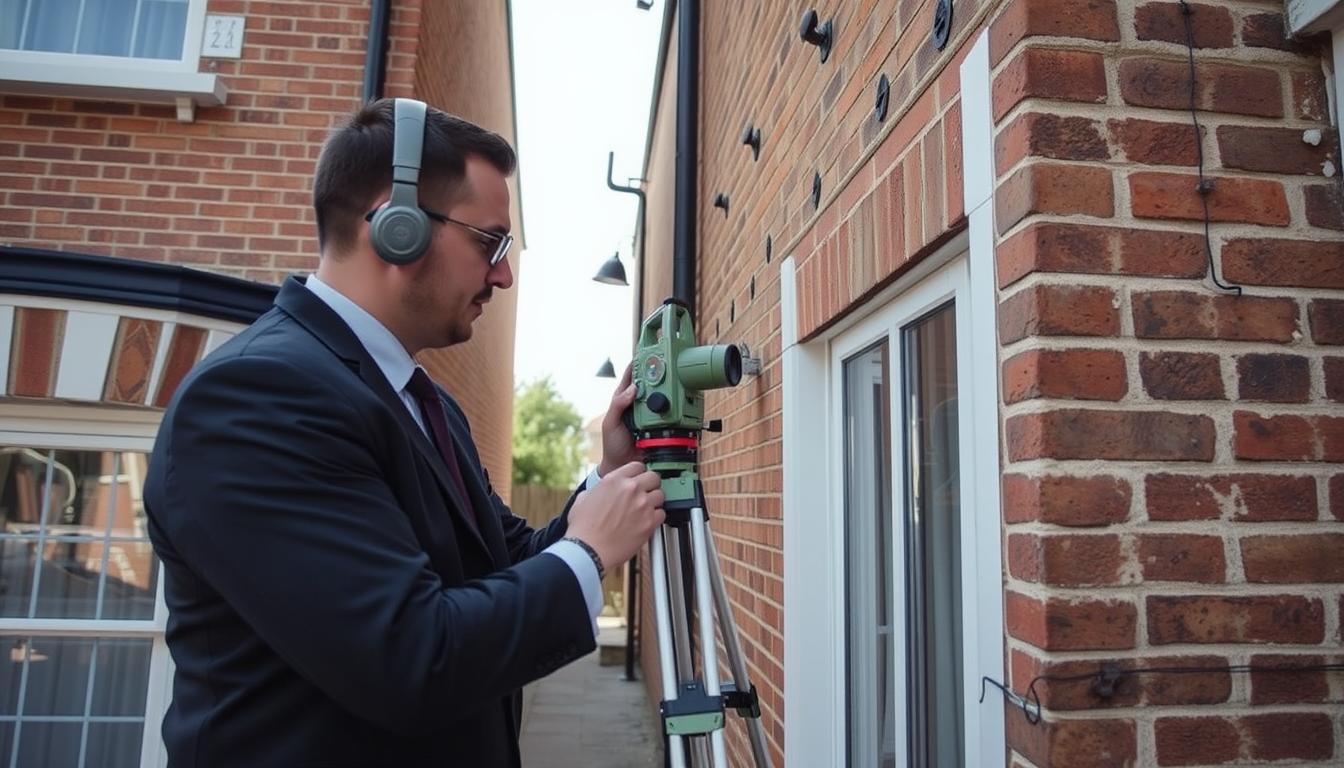 Local party wall surveyor examining property boundaries in a UK neighborhood