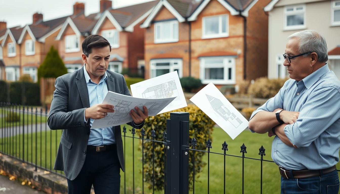 Two neighbors in disagreement over a party wall issue, illustrating common non-valid reasons for refusal
