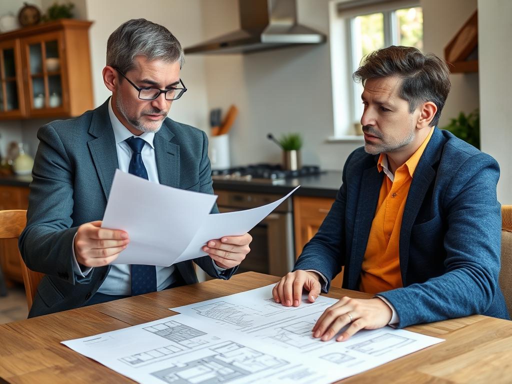 Property owner reviewing party wall notice documents with a surveyor