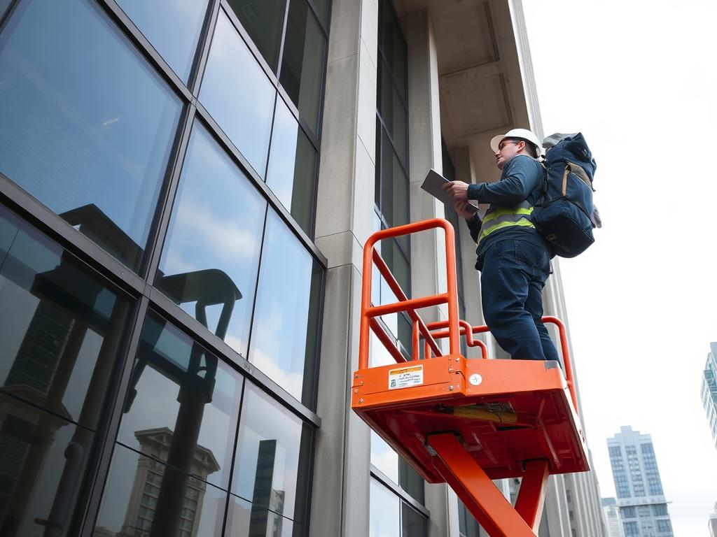 Building condition survey being conducted on exterior of commercial property