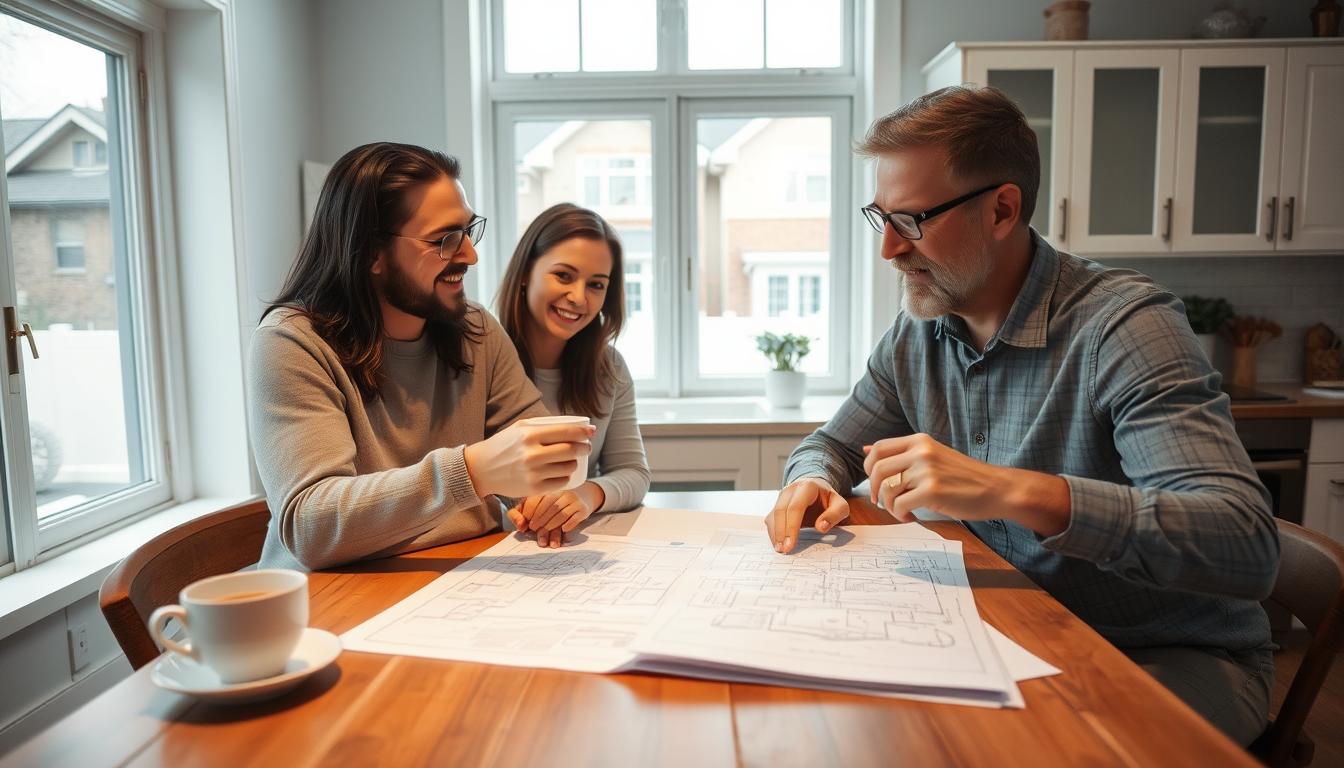 Property owner discussing renovation plans with neighbor over coffee