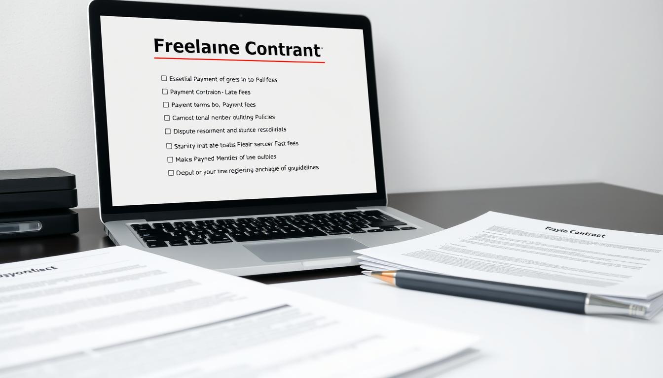 A well-lit, high-resolution image depicting a desk setup with a laptop, pen, and neatly organized documents representing a freelance contract. The laptop screen displays a checklist of essential payment policies, such as payment terms, late fees, and dispute resolution processes. The documents feature clean, minimalist designs with a professional, business-oriented aesthetic. The overall scene conveys a sense of organization, attention to detail, and a commitment to establishing clear and effective freelance guidelines.