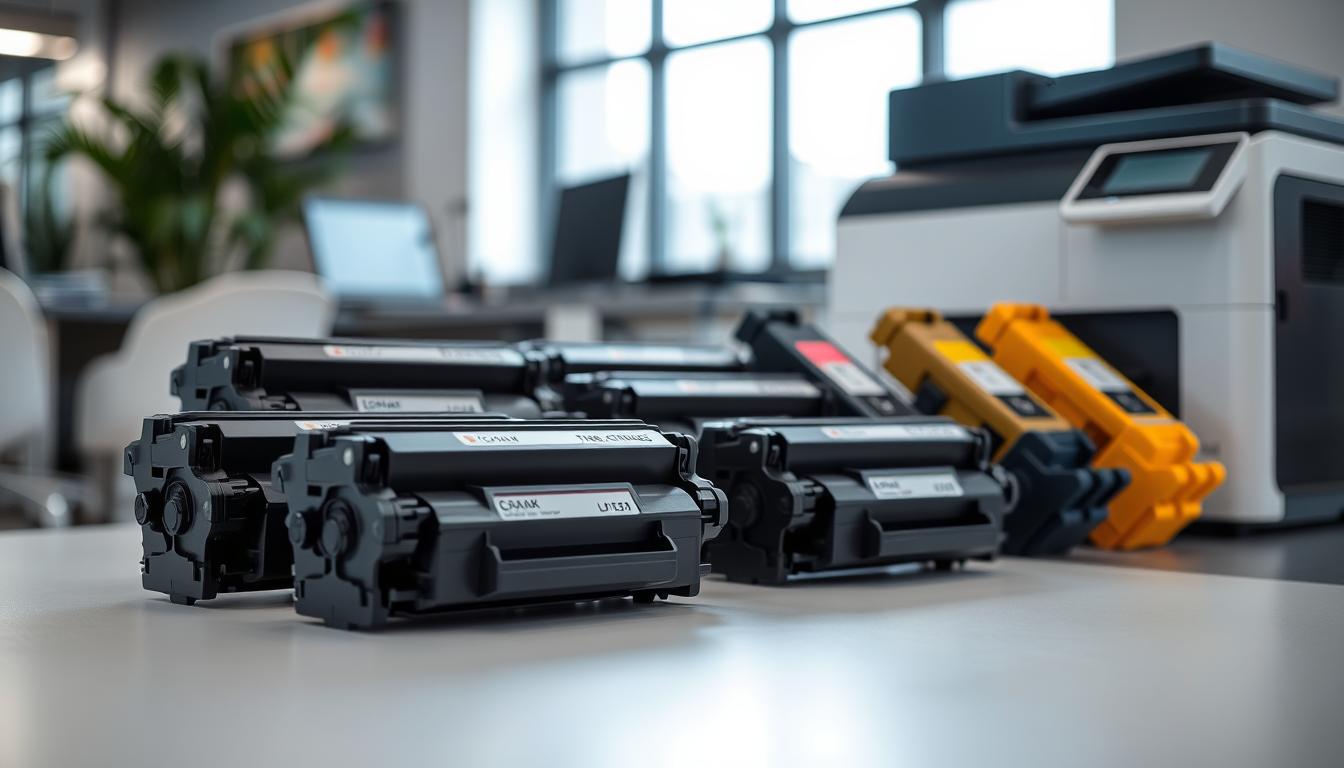 Various laser printer toner cartridges arranged next to a laser printer