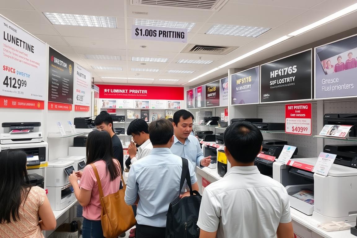 Singapore printing shop displaying both inkjet and sublimation printers with price tags in SGD