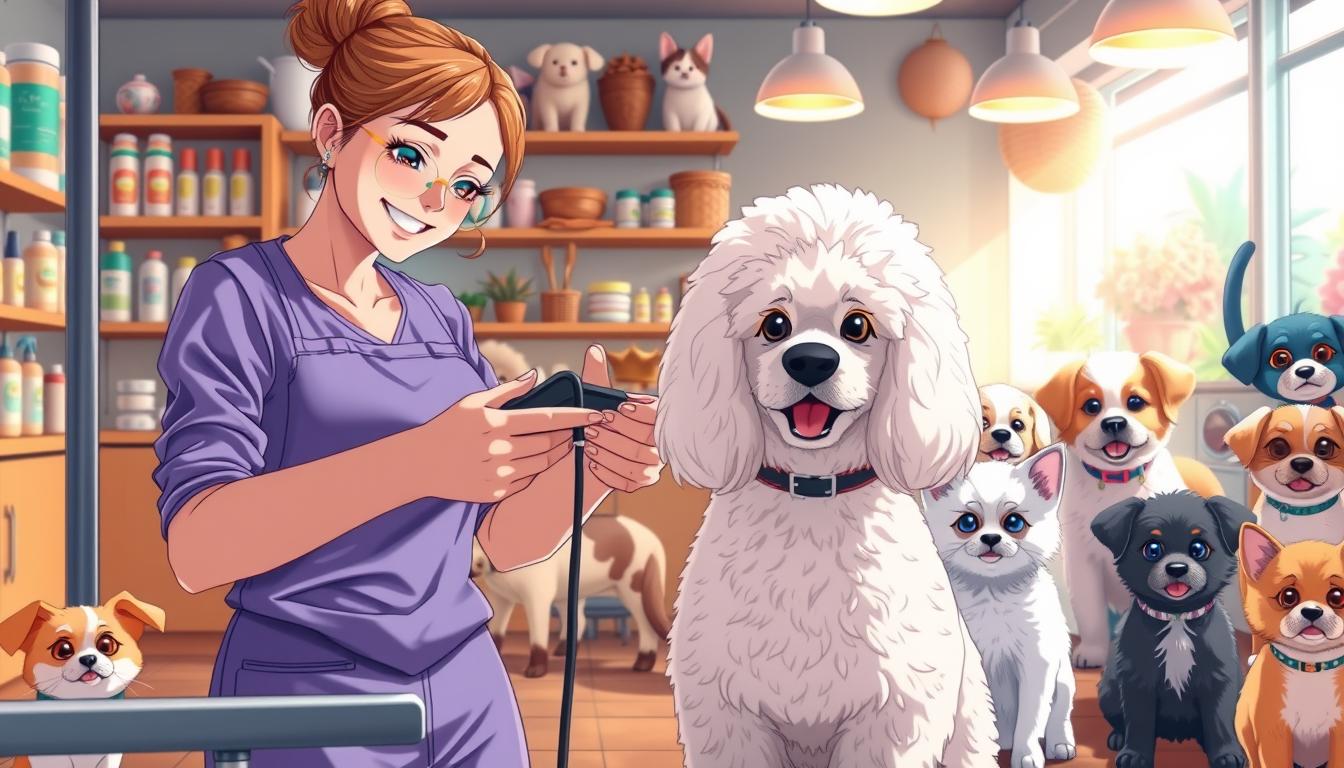 A vibrant and lively scene of a pet grooming salon, showcasing the joys of pampering beloved animal companions. In the foreground, a friendly and attentive groomer tenderly trims the luxurious fur of a fluffy poodle, using gentle, skilled hands. In the middle ground, a variety of adorable pets - from playful kittens to energetic puppies - await their turn, their eyes sparkling with excitement. The background is filled with a warm, cozy ambiance, with shelves stocked with grooming supplies, soft lighting, and welcoming decor that creates a sense of comfort and care. The overall mood is one of pure delight, as the pets and their owners bask in the pampering experience, captured through a lens that highlights the attention to detail and the genuine connection between the animals and their caregivers.