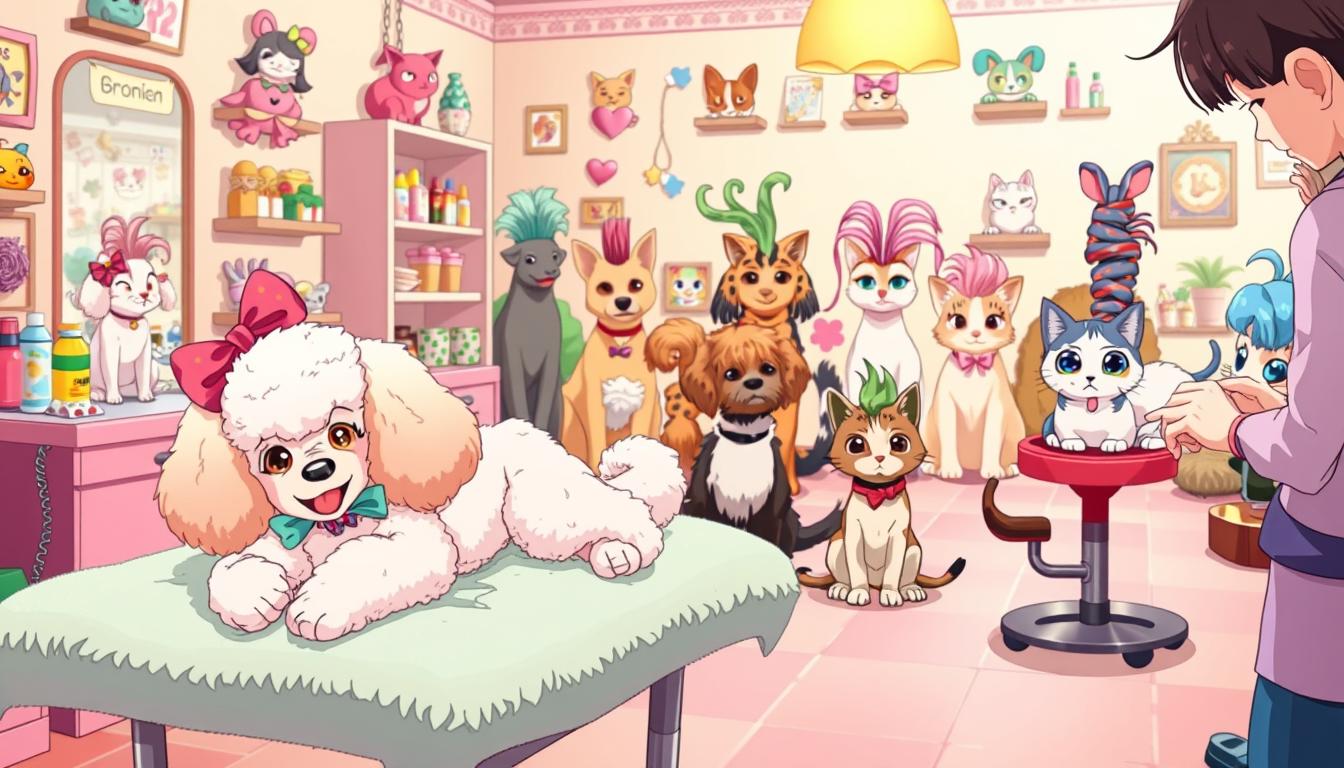 A whimsical scene of a playful pet grooming salon, where furry companions are pampered with vibrant and imaginative hairstyles. In the foreground, a cheerful poodle reclines on a plush grooming table, its fluffy coat adorned with colorful bows and ribbons. Beside it, a friendly cat sits patiently, its fur being meticulously styled by a skilled groomer. The middle ground features a diverse array of pets, each with their own unique and playful hairstyles, ranging from mohawks to elaborate braids. The background is filled with a warm, inviting ambiance, with pastel-colored walls and playful decor, creating a delightful and imaginative atmosphere.