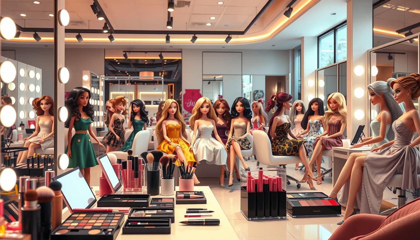 A lavish beauty salon showcasing an array of diverse fashion dolls. The foreground features an assortment of makeup, brushes, and cosmetic accessories elegantly displayed on a sleek vanity. In the middle ground, several fashionable dolls in a variety of styles and ethnicities sit before mirrors, being primped and preened by stylists. The background depicts a chic salon interior with modern decor, softly lit by warm, diffused lighting that creates a serene, inviting ambiance. Meticulously detailed textures, materials, and patterns lend an air of sophistication to the scene, capturing the essence of a high-end, specialized fashion doll salon.