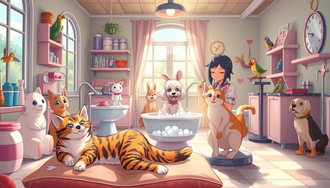 A vibrant and whimsical pet grooming salon, with furry companions of all kinds - dogs, cats, bunnies, and more - sitting patiently as they're pampered and primped. Sunlight streams through large windows, illuminating the cozy, pastel-hued space filled with grooming stations, shelves of supplies, and delighted expressions on the animals' faces. In the foreground, a tabby cat reclines on a plush cushion, its fur being carefully trimmed by a smiling stylist. In the middle ground, a poodle is getting a bubble bath, while a puppy excitedly watches nearby. The background reveals additional clients - a bunny hopping on a scale, a parrot perched on a perch, all eagerly awaiting their turn to be transformed into the most stylish versions of themselves.