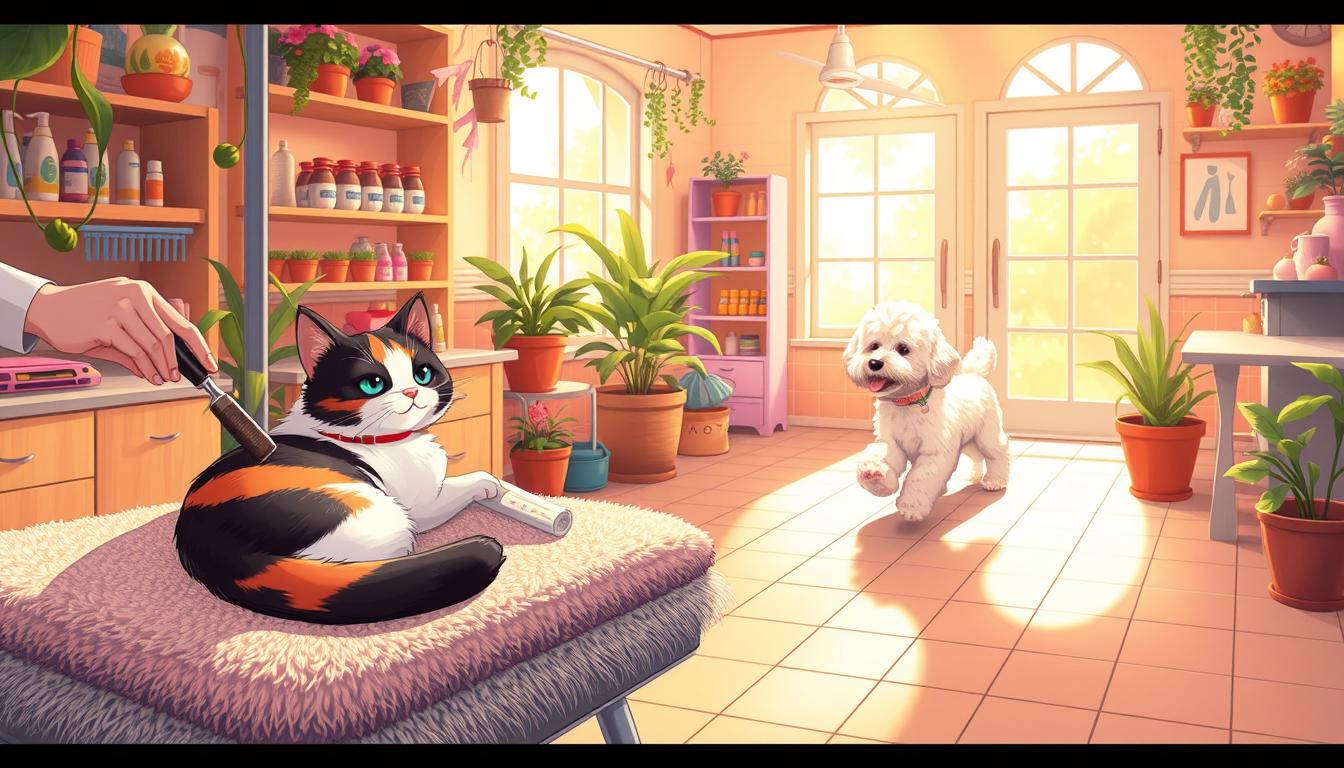 A whimsical, vibrant scene of a pet grooming salon for adorable animals. In the foreground, a calico cat reclines on a plush grooming table, contentedly being pampered by a skilled stylist wielding delicate brushes. In the middle ground, a playful poodle trots across the tiled floor, its fluffy coat freshly trimmed. The background depicts a cozy, sun-dappled room filled with potted plants, colorful shelves of grooming supplies, and cheerful decor that creates a soothing, relaxing atmosphere. Soft, warm lighting filters through large windows, casting a gentle glow on the friendly, inviting space. The overall mood is one of pampering, comfort, and the special bond between pets and their caregivers.