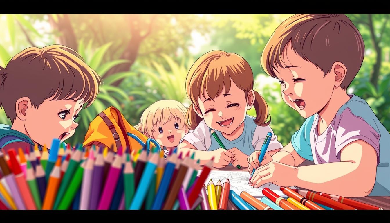 A vibrant, colorful scene depicting the benefits of coloring activities for children. In the foreground, a group of young children engrossed in the act of coloring, their faces alight with concentration and joy. The middle ground showcases an array of art supplies - crayons, colored pencils, and markers in a rainbow of hues. In the background, a serene, nurturing environment with lush greenery and soft, diffused lighting, creating a sense of warmth and tranquility. The overall composition conveys the educational, cognitive, and emotional advantages of coloring for child development, from enhancing fine motor skills to fostering creativity and self-expression.