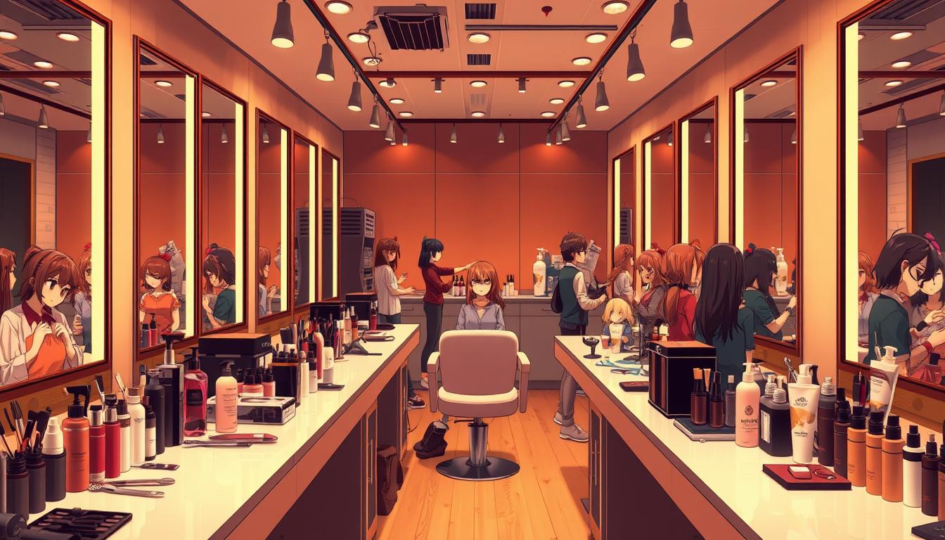 A cozy and inviting beauty salon, with elegant floor-to-ceiling mirrors lining the walls, reflecting the warm, ambient lighting. In the foreground, a diverse collection of hair styling tools and products, meticulously arranged on sleek, modern countertops. In the middle ground, a styling station with a comfortable chair, where a skilled stylist works their magic, transforming the hair of a diverse array of customers. The background features a serene, neutral-toned color palette, creating a calming and professional atmosphere, perfect for a high-end salon experience.