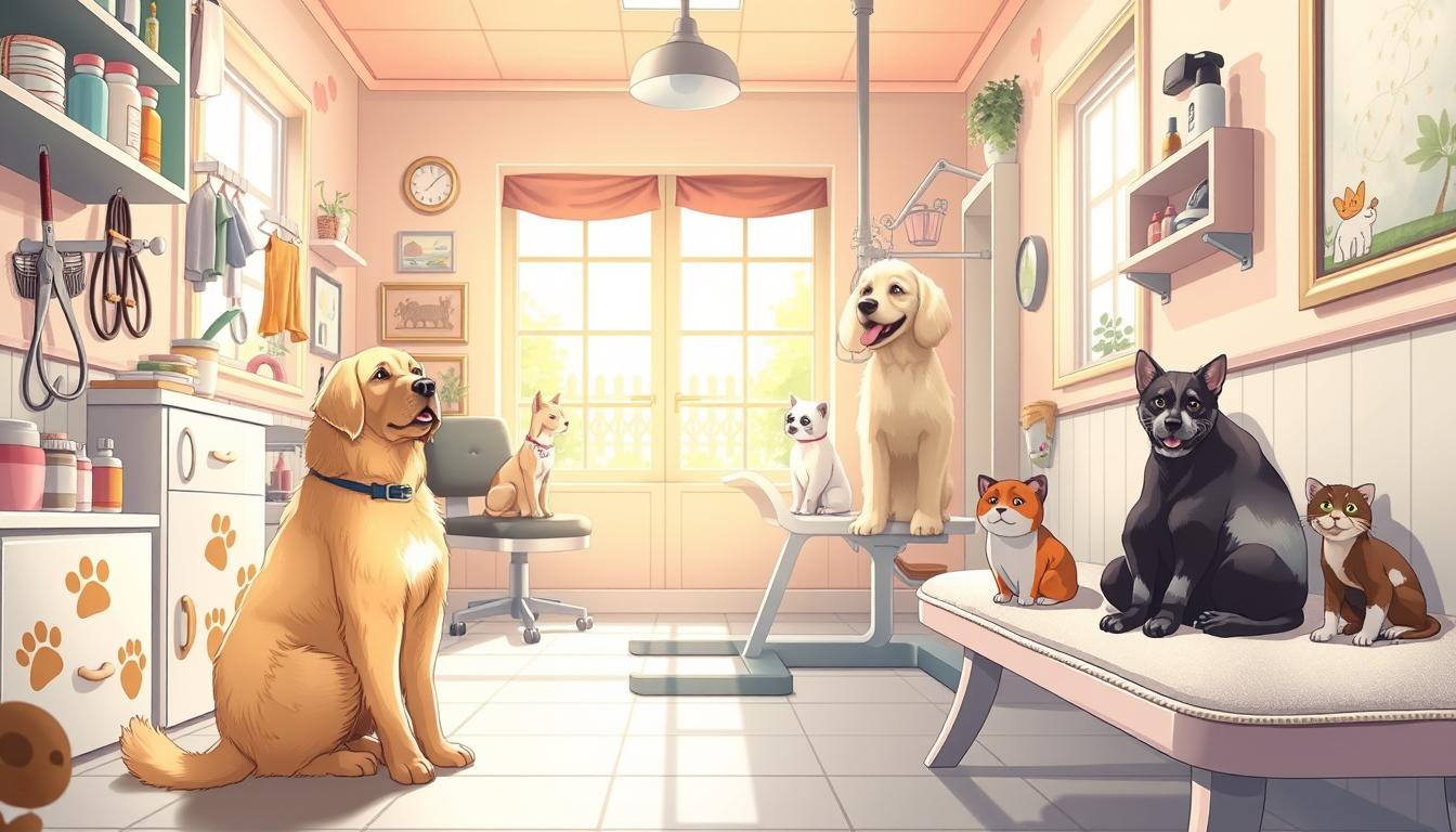 A cozy, well-lit pet grooming salon, adorned with pastel-colored walls, plush animal-themed furniture, and an array of grooming supplies. In the foreground, a playful golden retriever sits obediently, its coat shimmering as the sunlight streams through the large windows. Nearby, a tabby cat reclines on a cushioned bench, observing the scene with a content expression. The background showcases a variety of other beloved pets, including a fluffy poodle, a sleek Siamese cat, and a curious ferret, all awaiting their turn for a pampering session. The overall atmosphere evokes a sense of tranquility and care, capturing the essence of a delightful animal grooming experience.