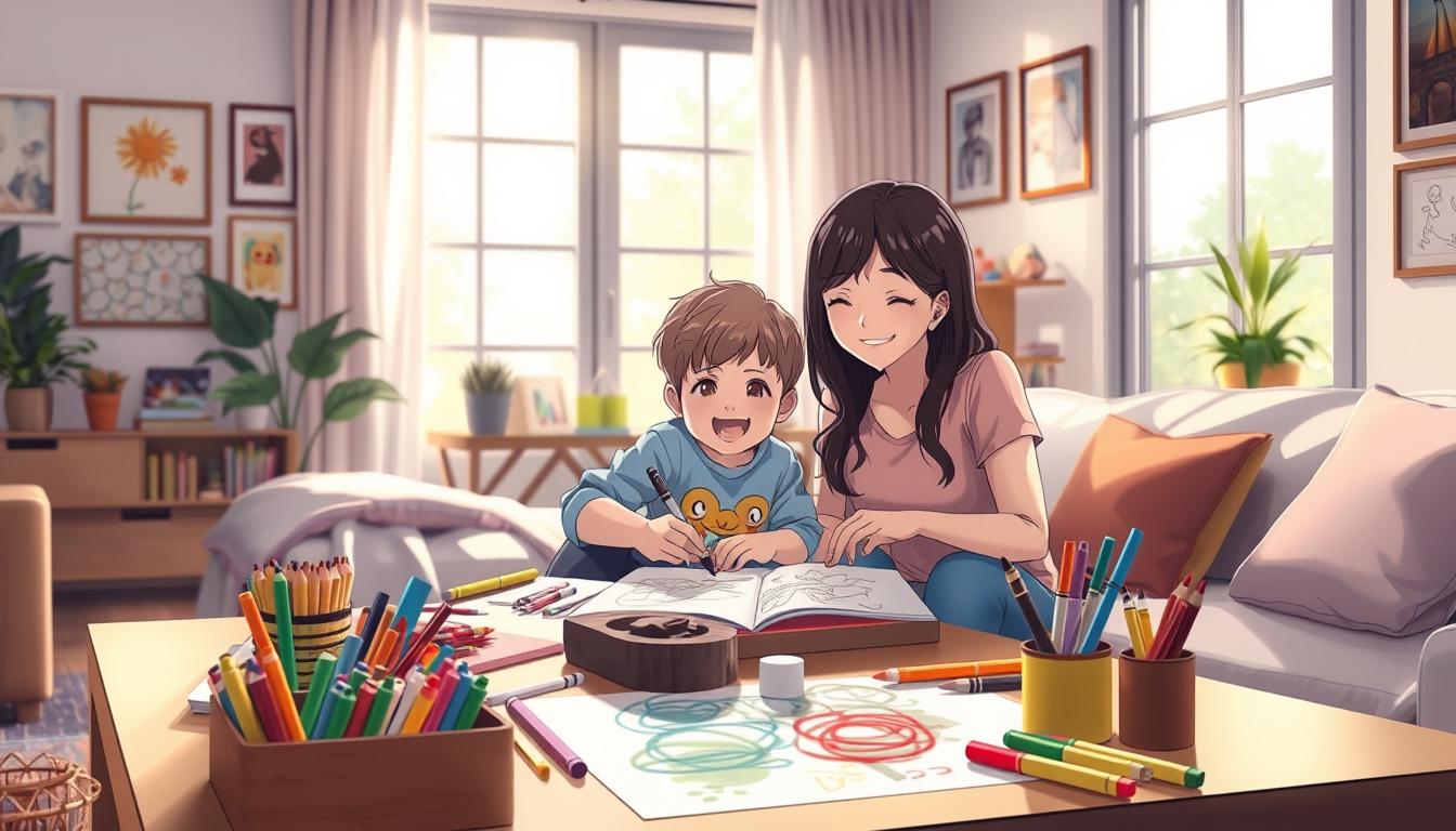A warm, inviting living room with a parent and child joyfully coloring together on a large coffee table. Soft, natural lighting filters through large windows, casting a cozy glow. The parent guides the child's hand, encouraging creativity and bonding. Vibrant art supplies, crayons, and markers are neatly arranged, inspiring the child's imagination. The walls are adorned with framed children's artwork, showcasing the family's love for creativity. An air of contentment and cherished moments permeates the scene, highlighting the important role of parents in nurturing a child's artistic exploration and growth.