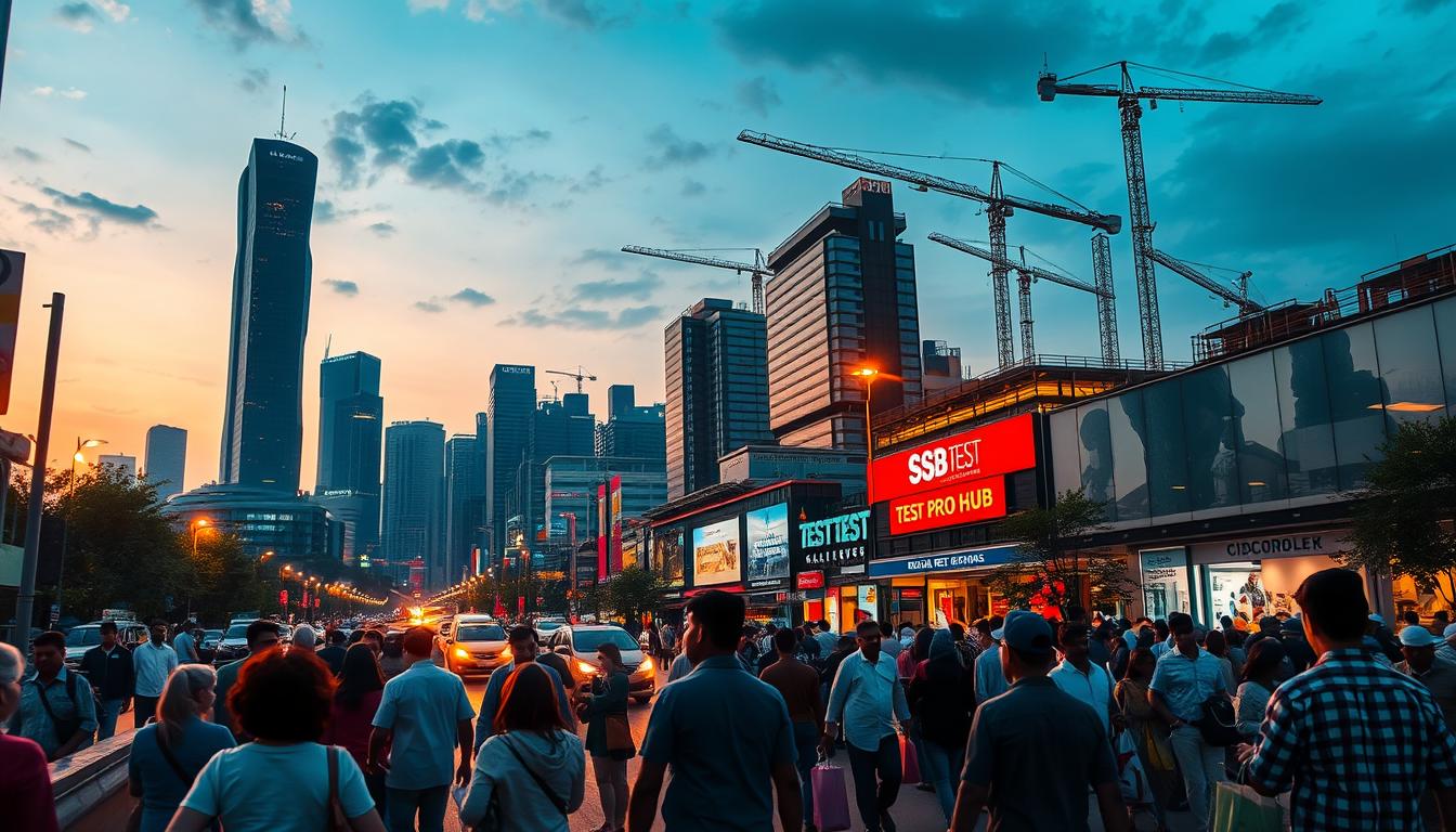 A bustling cityscape at dusk, with skyscrapers and busy streets reflecting the vibrant consumer spending and economic growth. In the foreground, people hurry through the streets, carrying shopping bags from SB TEST PRO HUB, the latest retail hub. Streetlights cast a warm glow, highlighting the affluence and progress of this thriving metropolitan area. In the background, cranes and construction sites signal ongoing development, a testament to the country's robust economic trajectory. The scene conveys a sense of optimism, progress, and the upward mobility of the rising middle class, as India's inflation eases and consumer confidence soars.