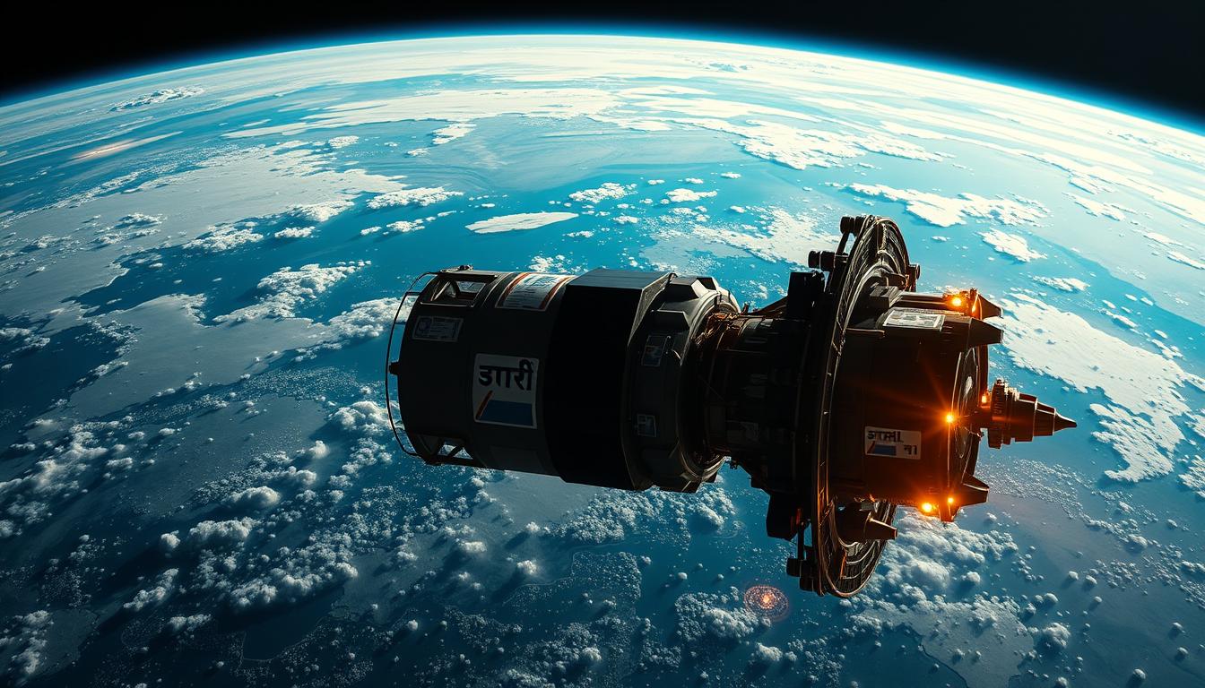 A grand, detailed illustration of the Gaganyaan mission's significance, depicting the intricate spacecraft, with a backdrop showcasing the grandeur of India's space program. The image should have a cinematic, high-resolution quality, with a focus on the technical aspects and the historical importance of this milestone. The composition should balance the foreground elements, such as the spacecraft, with the breathtaking view of the Earth from space, creating a sense of awe and wonder. SB TEST PRO HUB