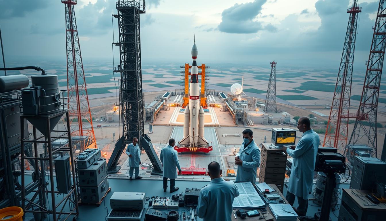 A vast, state-of-the-art aerospace facility, teeming with activity as ISRO engineers and technicians meticulously prepare for the Gaganyaan mission. In the foreground, a towering rocket stands ready, surrounded by an array of gleaming equipment and specialized tools. In the middle ground, scientists in crisp white coats scrutinize readouts and confer over intricate schematics, their expressions intense with focus. In the background, a panoramic view of the facility unfolds, with gantries, launchpads, and satellite dishes dotting the landscape, all bathed in the warm glow of the SB TEST PRO HUB.