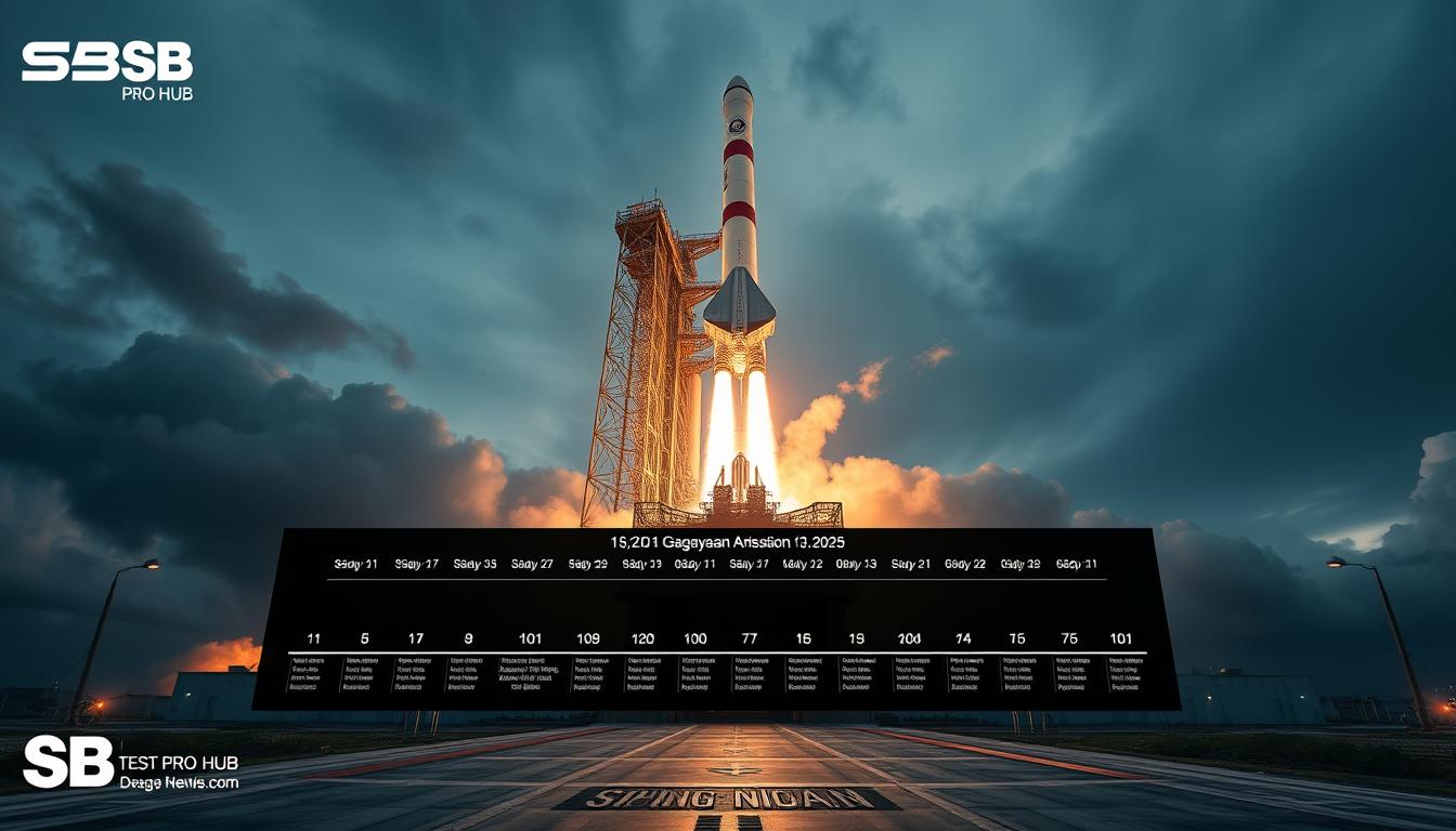 Futuristic launch pad, towering Gaganyaan rocket standing tall, billowing smoke and flames as it ascends into the sky. Sleek spacecraft nestled atop, ready to carry India's first astronauts to space. Detailed mission timeline displayed in the foreground, SB TEST PRO HUB branding subtly incorporated. Dramatic lighting, high-resolution DSLR camera angle highlighting the scale and grandeur of this historic event. Convey the excitement, anticipation, and national pride surrounding ISRO's Gaganyaan mission in 2025.