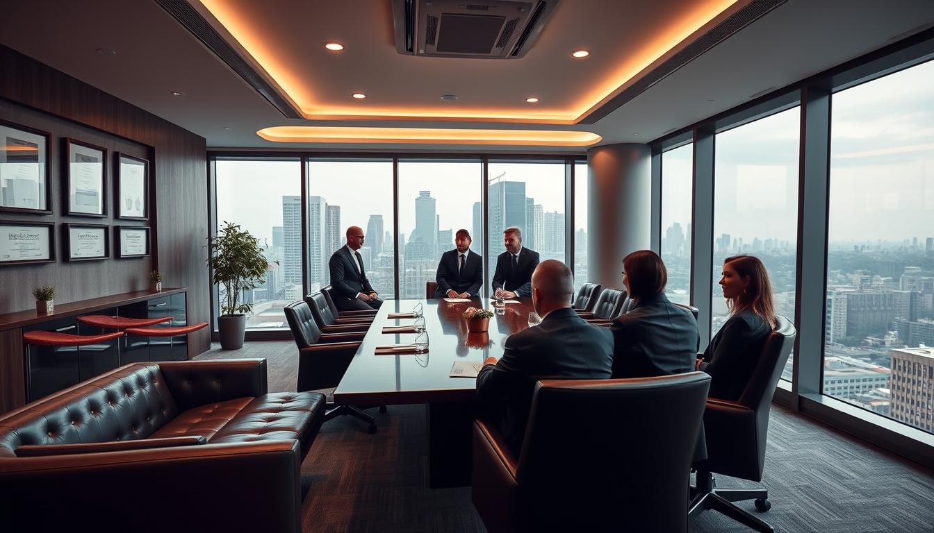 A modern, well-appointed law office with floor-to-ceiling windows overlooking a bustling city skyline. The interior is sleek and professional, with plush leather seating and a large wooden conference table. The walls are adorned with framed legal certificates and awards, conveying a sense of expertise and authority. Soft, warm lighting casts a refined glow, while a sophisticated color palette of grays, blacks, and accents of gold creates an atmosphere of sophistication and trustworthiness. A team of attorneys, dressed in sharp suits, are engaged in discussion, their expressions serious yet reassuring, reflecting the firm's commitment to protecting their clients' real estate investments.