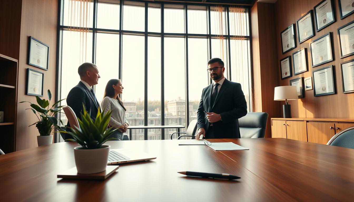 A modern, elegant law firm office with tall windows flooding the space with warm, natural light. In the foreground, a sophisticated wooden desk with a laptop, pen, and a potted plant. Behind it, two clients are engaged in a focused discussion with a confident, attentive lawyer. The walls are adorned with framed legal certificates and accolades, exuding a sense of professionalism and expertise. The overall atmosphere conveys a welcoming, trustworthy environment where clients' interests are prioritized.