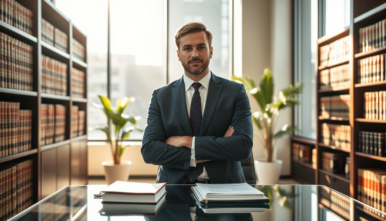 A corporate legal counsel stands confidently in a modern law office, dressed in a tailored suit. They are seated at a sleek glass desk, papers and documents neatly organized. Sunlight streams in from large windows, casting a warm glow across the room. Bookcases line the walls, filled with leather-bound volumes. A potted plant adds a touch of greenery, complementing the minimalist, sophisticated decor. The counsel's expression is one of focus and professionalism, embodying the expertise and diligence required to provide industry-specific legal services that protect a business.