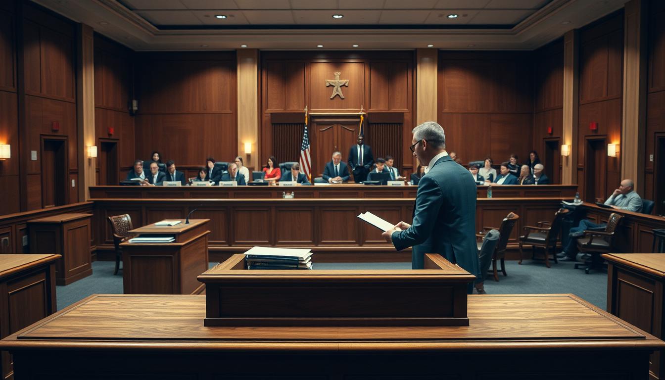 A modern, well-lit courtroom setting with a wooden dais, judge's bench, and witness stand in the foreground. In the middle ground, a defense attorney and their client engaged in a serious discussion, surrounded by law books and case files. In the background, a jury box and gallery of observers create a sense of the legal process unfolding. Soft, warm lighting illuminates the scene, conveying a professional, authoritative atmosphere. The overall composition emphasizes the key stages of the criminal defense process, from client consultation to judicial proceedings.