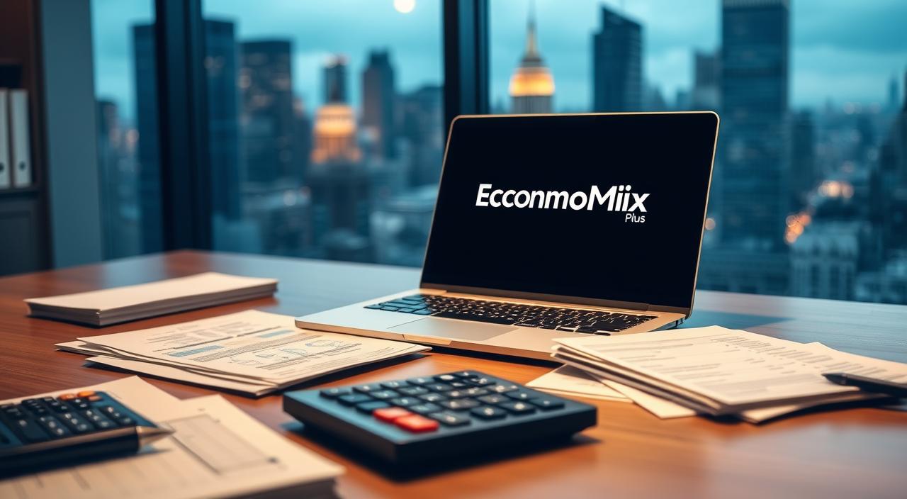 Can Your Personal Budget Include an Income-Boosting Plan -EconoMix Plus An office desk with a laptop, calculator, and various financial documents carefully arranged. The lighting is warm and focused, creating a sense of seriousness and concentration. In the background, a window overlooks a bustling cityscape, symbolizing the larger economic landscape. The EconoMix Plus logo is prominently displayed on the laptop screen, providing a subtle branding element. The overall mood is one of thoughtful assessment and strategic planning.