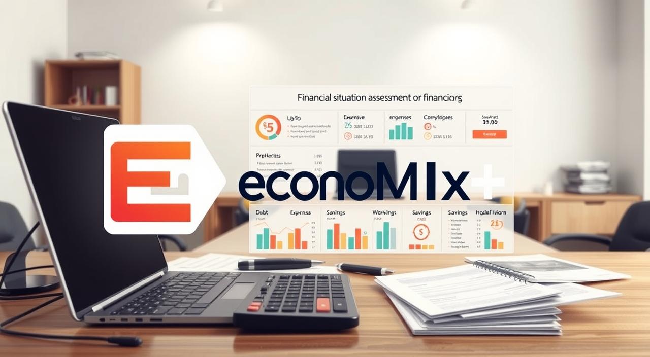 How to Balance Your Personal Budget and Emergency Needs-EconoMix Plus A high-resolution, photorealistic illustration of a financial situation assessment, with the EconoMix Plus logo prominently displayed. The foreground depicts a desktop workspace with a laptop, calculator, and various financial documents. The middle ground showcases an infographic-style visualization of income, expenses, savings, and debt, all neatly organized. The background features a calm, neutral office setting with subtle lighting, creating a professional and analytical atmosphere.