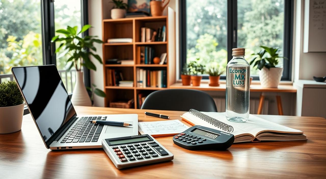 How to Balance Your Personal Budget and Emergency Needs-EconoMix Plus A serene home office with natural lighting, showcasing sustainable budget methods. In the foreground, a wooden desk holds a laptop and a modern calculator displaying the "EconoMix Plus" logo. Atop the desk, an open notebook with handwritten notes and a reusable water bottle. In the middle ground, a bookshelf with eco-friendly organization tools and personal finance books. The background features a large window overlooking a lush garden, creating a calming, nature-inspired atmosphere. The overall mood is one of efficiency, mindfulness, and a balanced approach to personal budgeting.