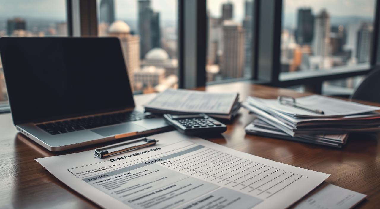 How to Effectively Manage Debt and Start Paying It Off - EconoMix Plus A well-lit office desk with a laptop, a stack of financial documents, and a calculator. In the foreground, an EconoMix Plus debt assessment form is prominently displayed, its sections neatly filled out. The background features a window overlooking a bustling city skyline, conveying a sense of organization and control amidst the financial complexity. The lighting is warm and professional, with subtle shadows adding depth and dimension to the scene. The overall mood is one of focused analysis and a methodical approach to understanding one's debt situation.