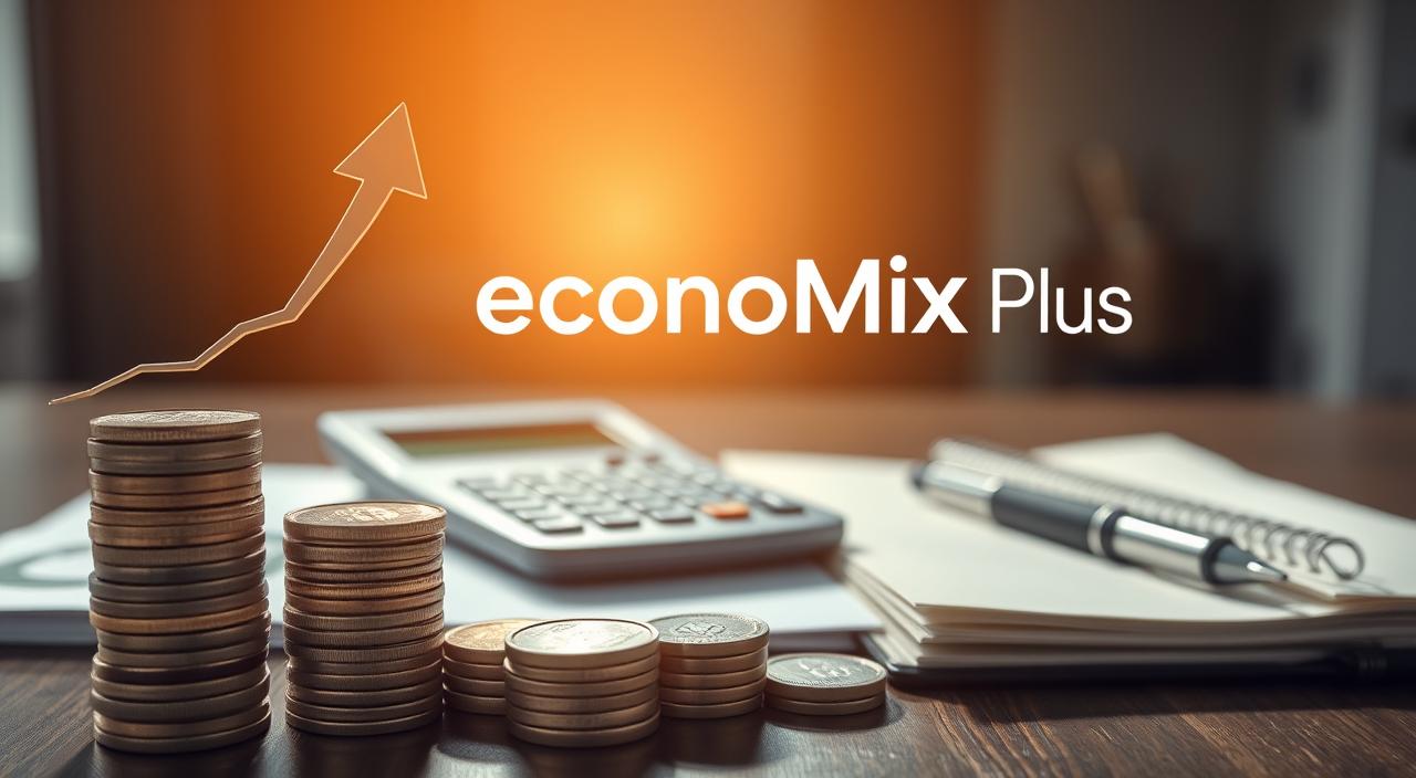 Can Your Personal Budget Include an Income-Boosting Plan -EconoMix Plus A beautifully lit, wide-angle scene showcasing financial growth. In the foreground, a stack of coins and bills representing a personal budget, with an arrow pointing upwards symbolizing income growth. In the middle ground, a calculator, pen, and notebook, depicting the meticulous planning involved in managing finances. In the background, the EconoMix Plus logo shines brightly, signifying the powerful financial tools and insights offered by this brand. The overall mood is one of control, progress, and a sense of financial empowerment.
