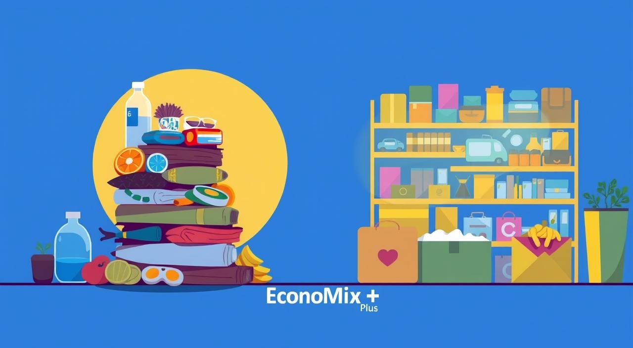 How to Prioritize Your Spending in Your Monthly Budget- EconoMix Plus A vibrant, minimalist illustration depicting the contrast between needs and wants. In the foreground, a stack of essential items like food, water, and shelter, illuminated by warm, natural lighting. In the background, a display of consumer goods and luxury items, cast in a cool, artificial glow. The two areas are visually separated, emphasizing the distinction between necessities and discretionary spending. The overall composition conveys a sense of balance and clarity, with the "EconoMix Plus" brand prominently featured.