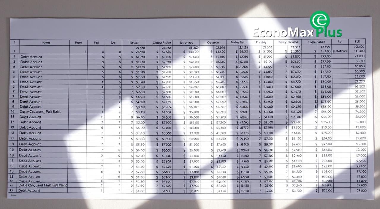 How to Effectively Manage Debt and Start Paying It Off - EconoMix Plus A detailed spreadsheet with neatly arranged rows and columns, displaying a comprehensive inventory of various debt accounts. The document is set against a neutral background, illuminated by soft, natural lighting that casts subtle shadows, creating a sense of depth and organization. The EconoMix Plus logo is prominently displayed in the top-right corner, indicating the professional nature of the tool. The overall atmosphere conveys a sense of control and financial responsibility, perfectly complementing the article's topic of effectively managing debt.