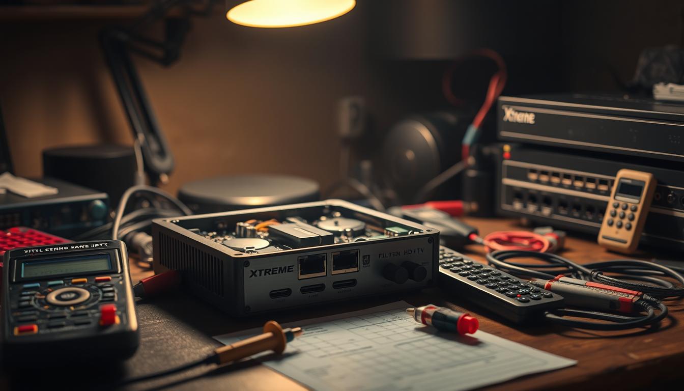 A technician's workbench with an Xtreme HD IPTV set-top box, remote control, and various troubleshooting tools like multimeter, ethernet cables, and network switch. The box is disassembled, revealing its internal components. The background is dimly lit, with a warm glow from a desk lamp illuminating the scene. The mood is one of focused problem-solving, with a sense of technical expertise and attention to detail. The image conveys the steps involved in diagnosing and resolving issues with the Xtreme HD IPTV system.