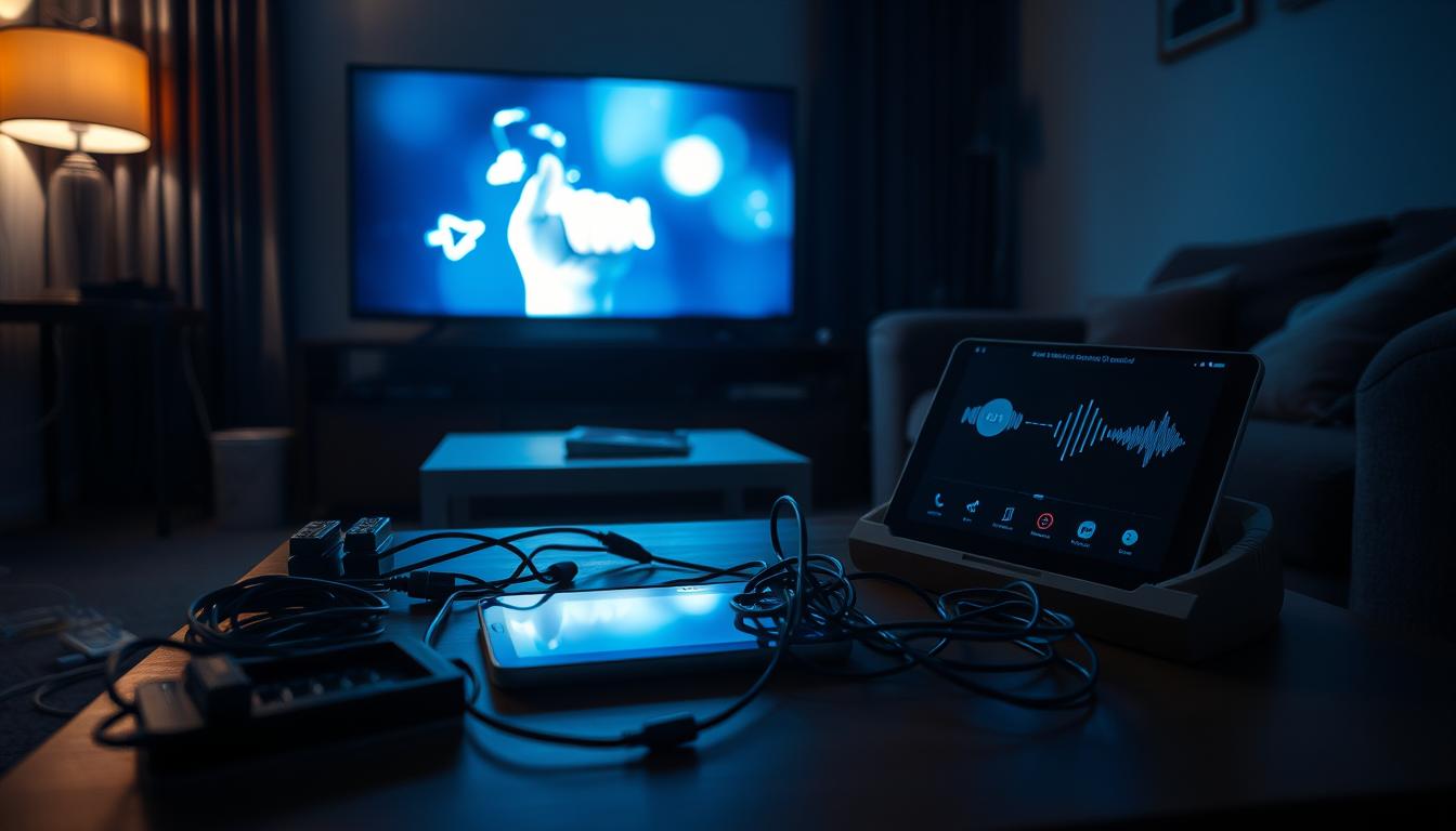 A dimly lit living room, the glow of a television screen casting shadows. On the coffee table, a tangled mess of cables and wires, a smartphone, and a tablet displaying a streaming app - the culprit behind the IPTV sound problems. The air is thick with frustration, as the user tries in vain to troubleshoot the issue, the flickering lights and muted audio creating an atmosphere of technological discord. The scene is a cautionary tale, a reminder of the pitfalls of relying on third-party applications to enhance one's IPTV experience.